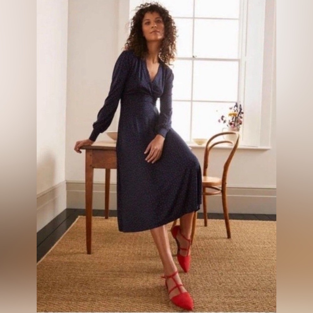 Boden Patricia Midi Dress Long Sleeve Crossover V-Neckline Navy Red Dot 12L
